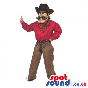 Human Cowboy Mascot Wearing A Cowboy Hat And Red Shirt - Custom