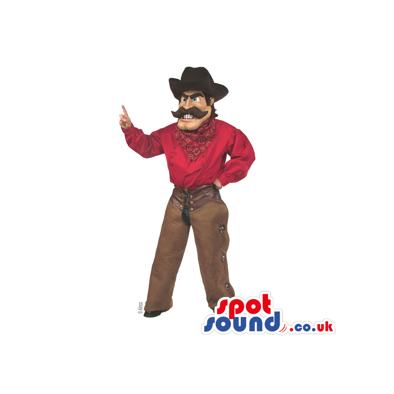 Human Cowboy Mascot Wearing A Cowboy Hat And Red Shirt - Custom