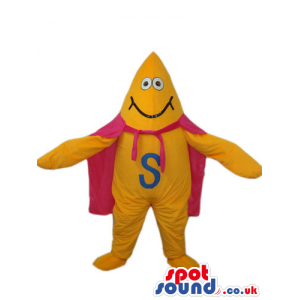 Flashy Yellow Creature Mascot With A Letter And A Pink Cape -