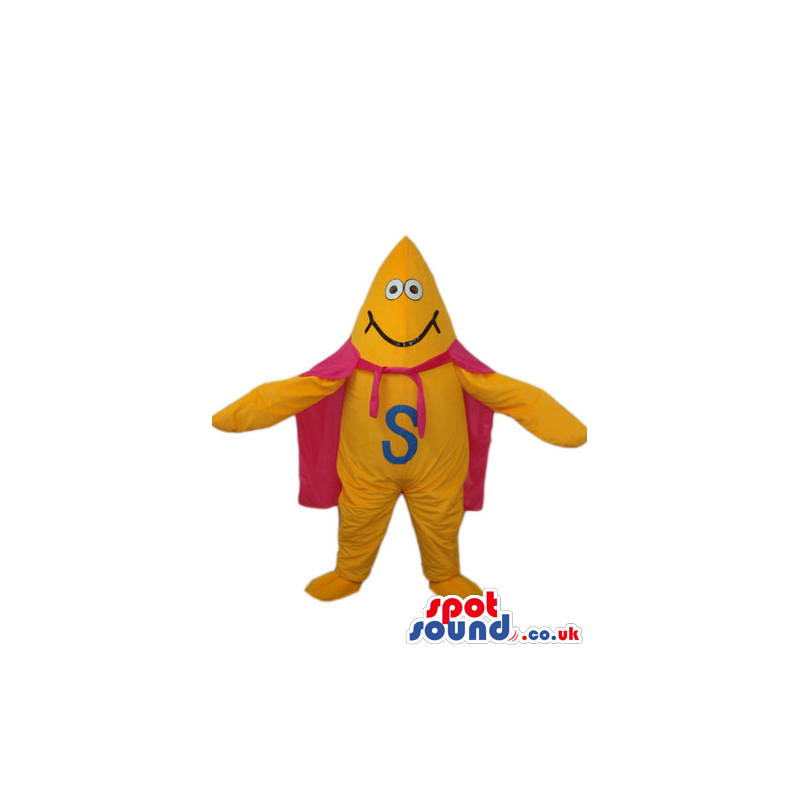 Flashy Yellow Creature Mascot With A Letter And A Pink Cape -