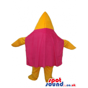 Flashy Yellow Creature Mascot With A Letter And A Pink Cape -