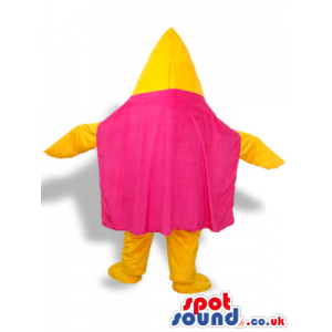 Flashy Yellow Creature Mascot With A Letter And A Pink Cape -