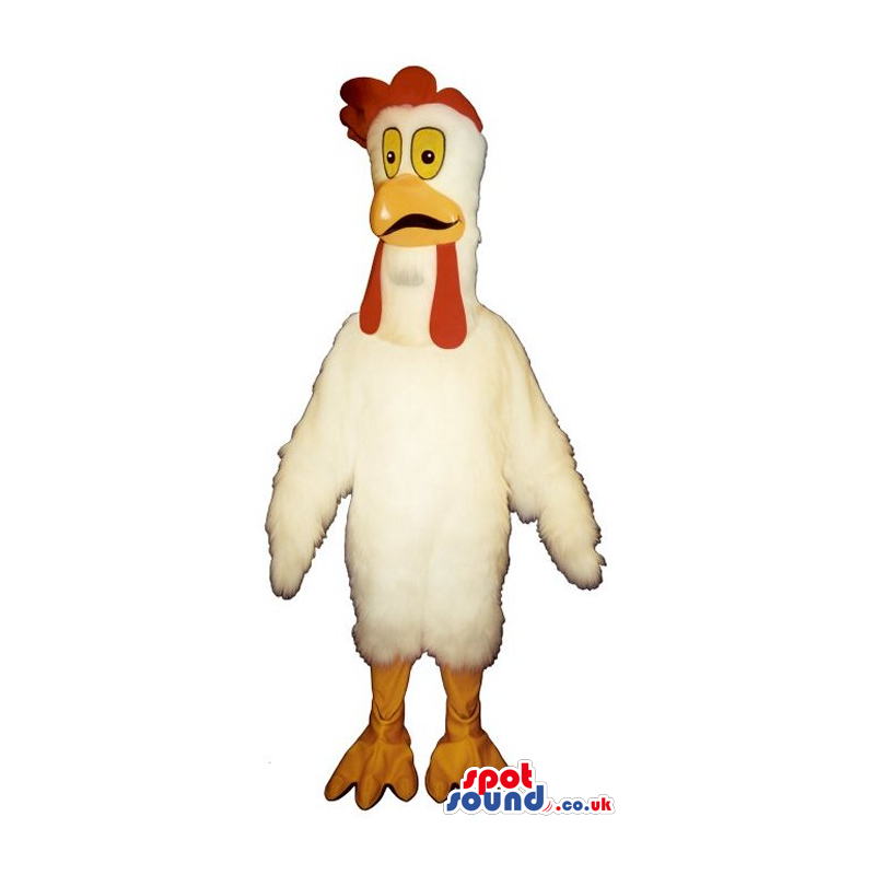 Funny Human Size White Chicken Mascot With Yellow Eyes - Custom