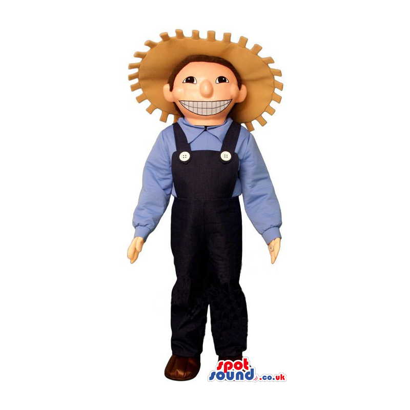 Smiling Farmer Character Mascot Wearing A Huge Straw Hat -