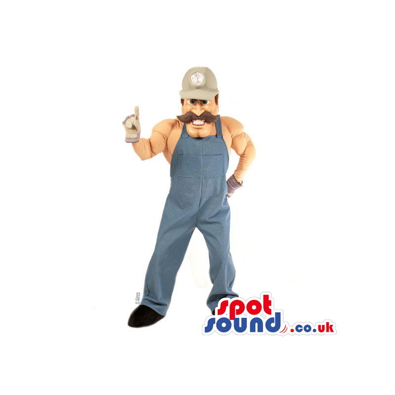 Strong Man Character Mascot With A Mustache Wearing Blue