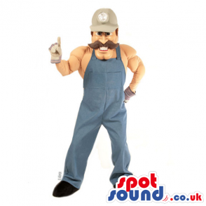 Strong Man Character Mascot With A Mustache Wearing Blue