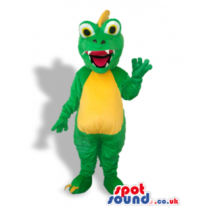 Cute Green Dragon Mascot With A Yellow Belly And Spiky Hair -