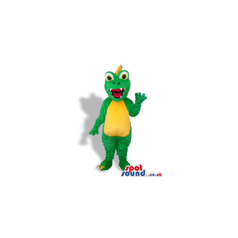 Cute Green Dragon Mascot With A Yellow Belly And Spiky Hair -