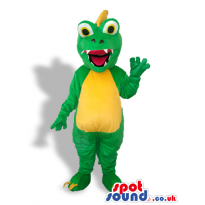 Cute Green Dragon Mascot With A Yellow Belly And Spiky Hair -