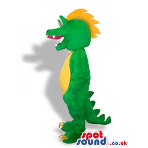 Cute Green Dragon Mascot With A Yellow Belly And Spiky Hair -