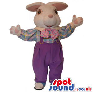 White Rabbit Mascot With Bent Ears Wearing Purple Overalls -