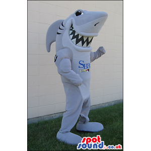 Grey Shark Sea Animal Plush Mascot With Many Logos On It -
