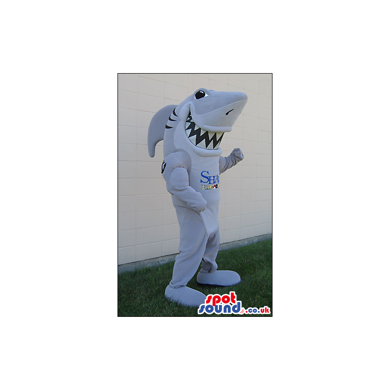 Grey Shark Sea Animal Plush Mascot With Many Logos On It -