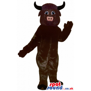 Cute Dark Brown Bull Animal Plush Mascot With Black Horns -