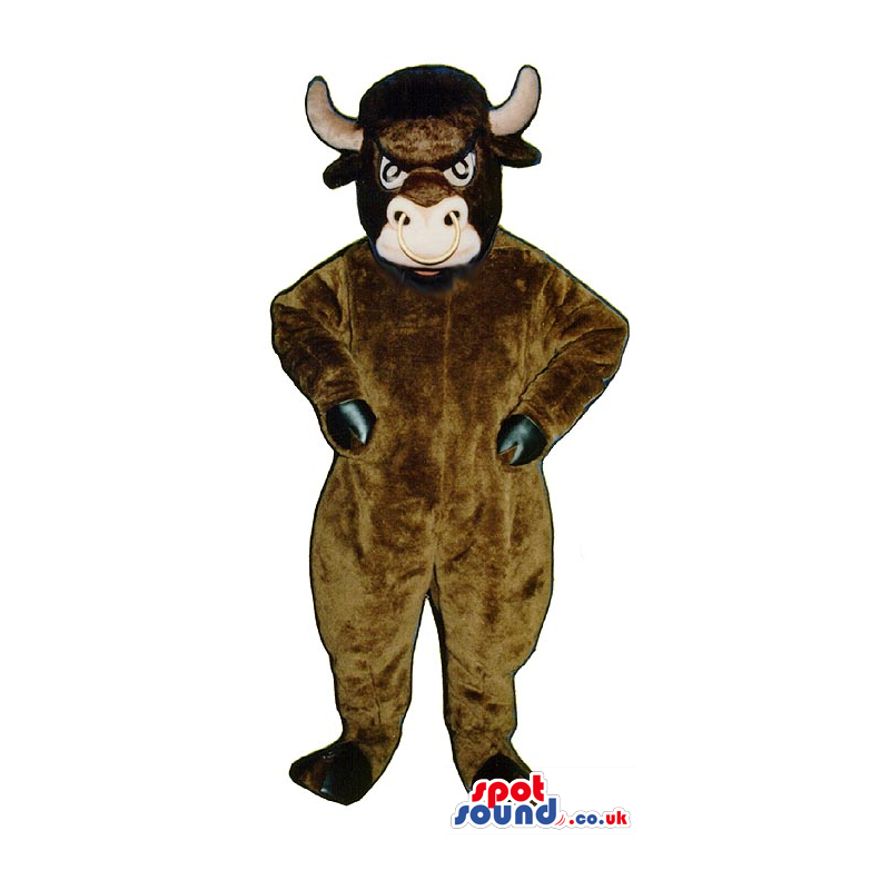 Wild Dark Brown Bull Animal Plush Mascot With A Nose Ring -