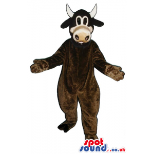 All Brown Cow Mascot With White Horns And A Beige Mouth -
