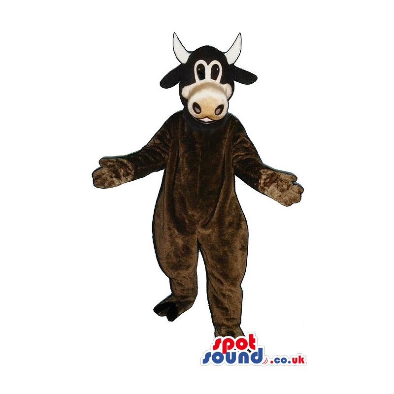 All Brown Cow Mascot With White Horns And A Beige Mouth -