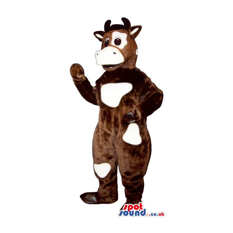 Brown Cow Mascot With White Spots And A Funny Face - Custom