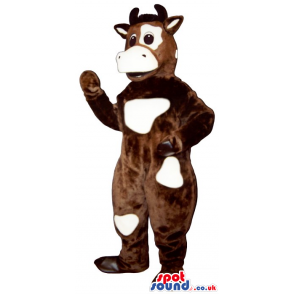 Brown Cow Mascot With White Spots And A Funny Face - Custom