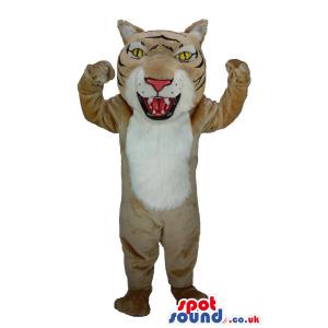 Wolf mascot with yellow eyes and an open mouth with a furious look