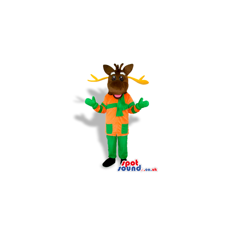 Dark Brown Reindeer Wearing Orange And Green Winter Garments -