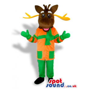 Dark Brown Reindeer Wearing Orange And Green Winter Garments -