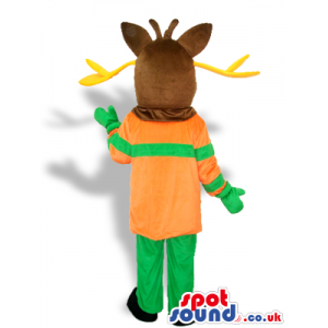 Dark Brown Reindeer Wearing Orange And Green Winter Garments -