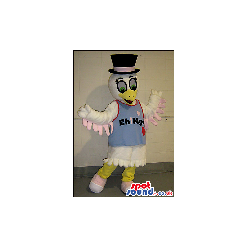 Girl White Bird Plush Mascot Wearing A Top Hat And Logo -