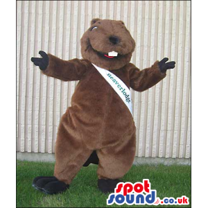 Brown Beaver Animal Plush Mascot With A White Sash With Text -