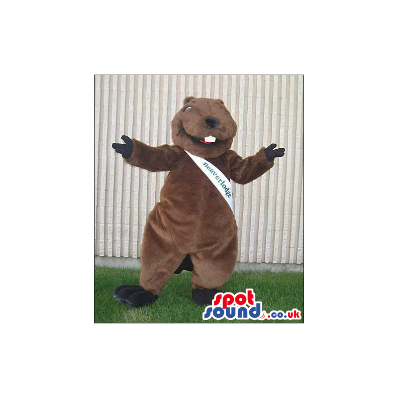 Brown Beaver Animal Plush Mascot With A White Sash With Text -