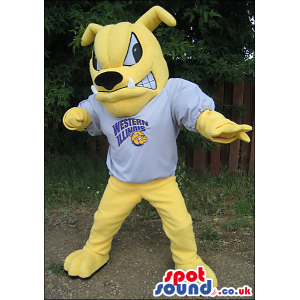 Yellow Bulldog Mascot Wearing A Sports T-Shirt With A Logo -