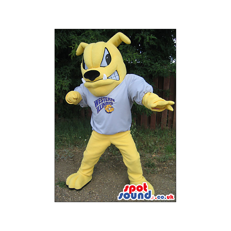 Yellow Bulldog Mascot Wearing A Sports T-Shirt With A Logo -