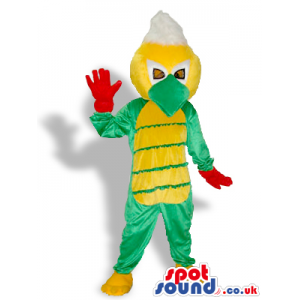 Amazing Duck Mascot Dressed In A Yellow And Green Dragon