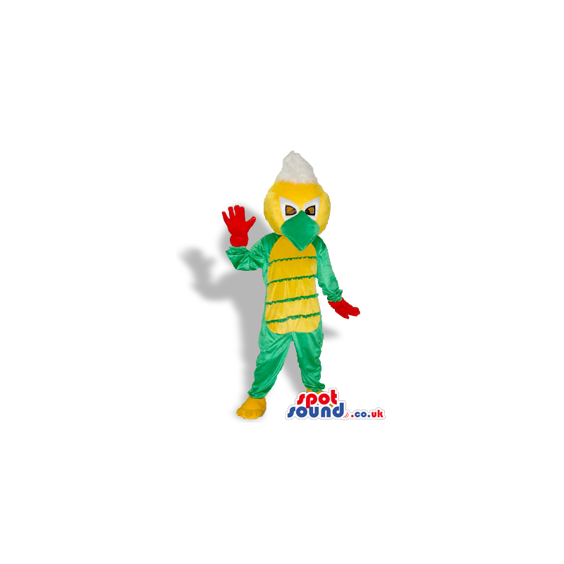 Amazing Duck Mascot Dressed In A Yellow And Green Dragon