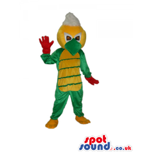 Amazing Duck Mascot Dressed In A Yellow And Green Dragon