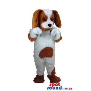 Cute brown furry puppy mascot waving hand saying hi