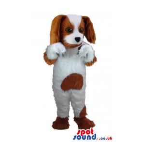 Cute brown furry puppy mascot waving hand saying hi - Custom