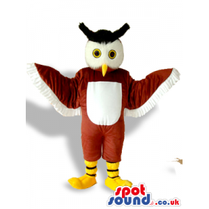Cute Brown And White Owl Bird Mascot With Black Horns - Custom