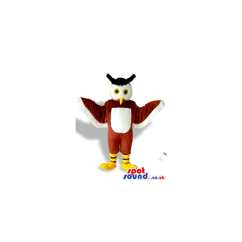 Cute Brown And White Owl Bird Mascot With Black Horns - Custom