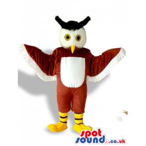 Cute Brown And White Owl Bird Mascot With Black Horns - Custom