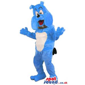 Blue bull dog mascot with belt around his neck & looking happy