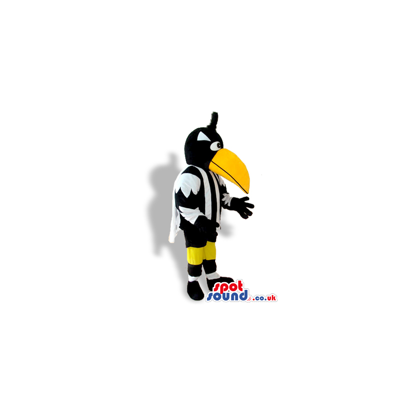 Black Bird Mascot Wearing Black And White Garments And Cape -