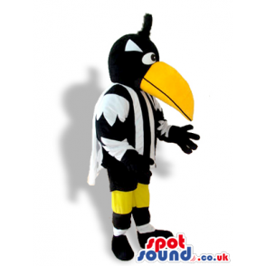 Black Bird Mascot Wearing Black And White Garments And Cape -