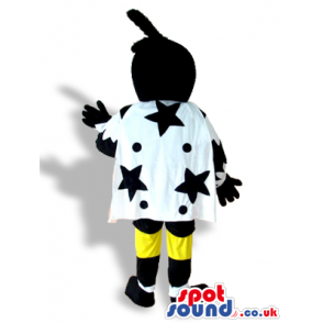 Black Bird Mascot Wearing Black And White Garments And Cape -