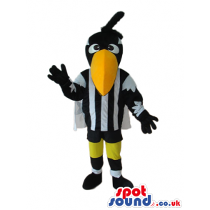 Black Bird Mascot Wearing Black And White Garments And Cape -