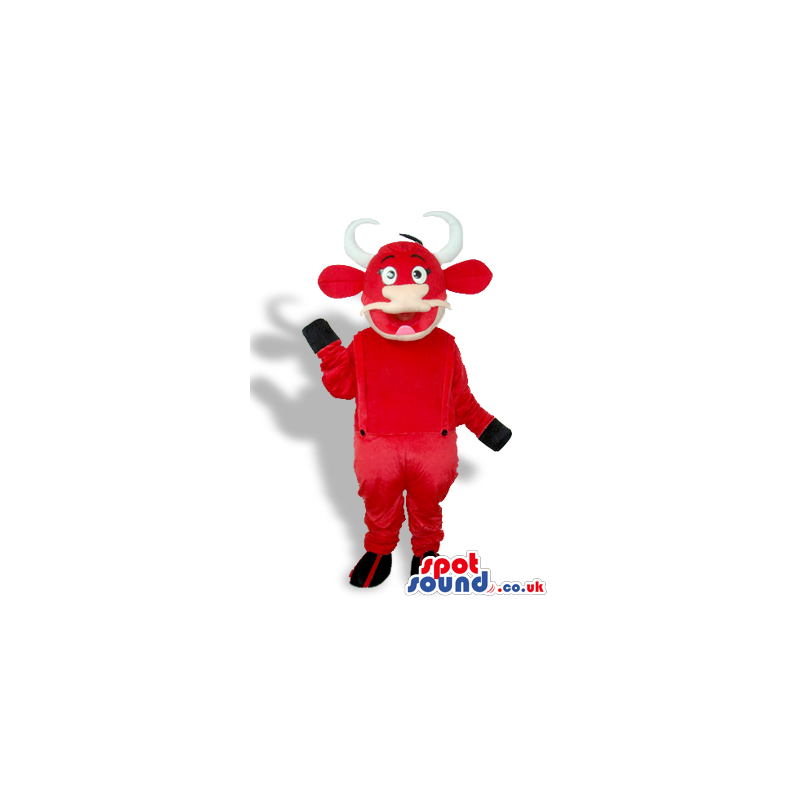 Funny Amazing Red Cow Plush Mascot Wearing Red Overalls -