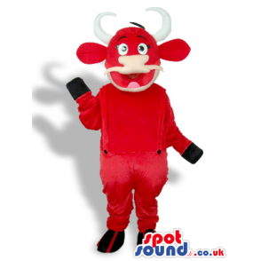Funny Amazing Red Cow Plush Mascot Wearing Red Overalls -