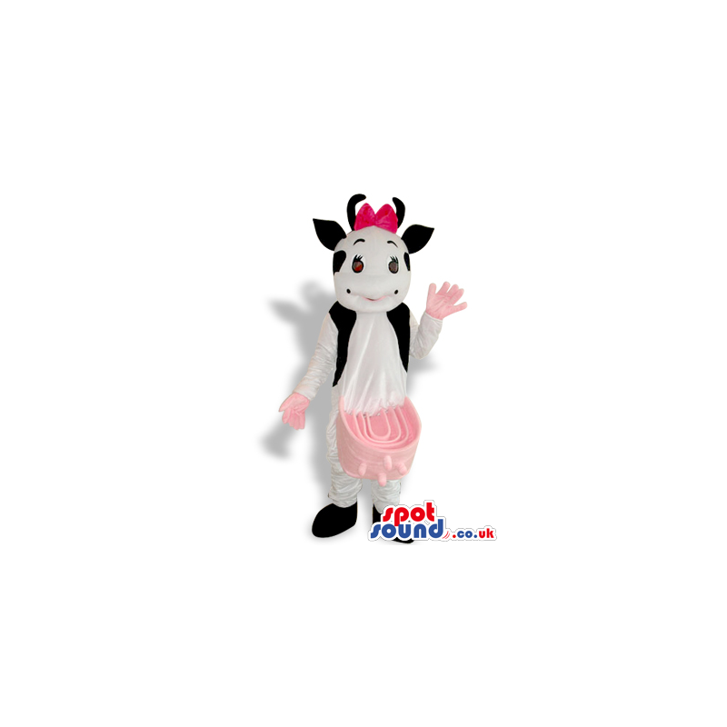 Girl Cow Animal Plush Mascot Wearing A Pink Skirt And Ribbon -