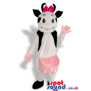 Girl Cow Animal Plush Mascot Wearing A Pink Skirt And Ribbon -