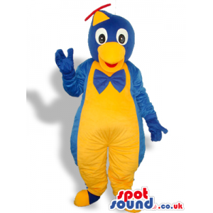Blue And Yellow Penguin Mascot With A Helicopter Hat And A Bow